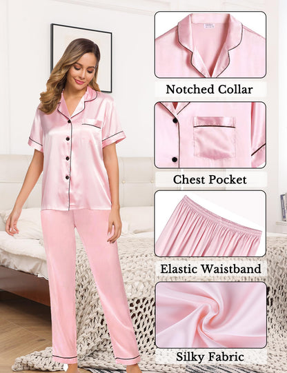 Womens 4pcs Pajamas Sets Silk Satin Pjs Silky Sexy Cami Shorts Set Button Down Short Sleeve Sleepwear Loungewear