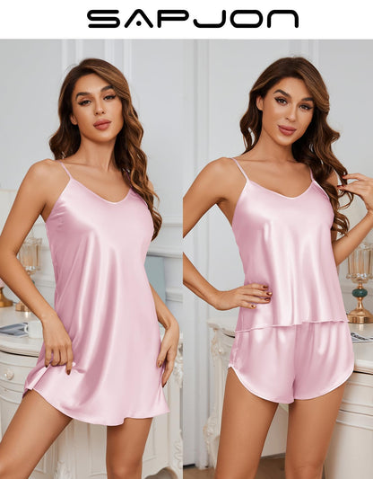 Silk Pajamas for Women 5Pcs Sleepwear Loungewear Satin Robe Cami Shorts Pj Set