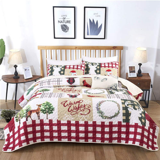 WONGS BEDDING Christmas Quilt Set King Rustic Christmas Tree Snowman Cardinal Holiday Wreath Pattern Bedding Solid Bedspread Coverlet with 2 Pillow Shams for All Season, Soft Microfiber Quilt 103"x90"