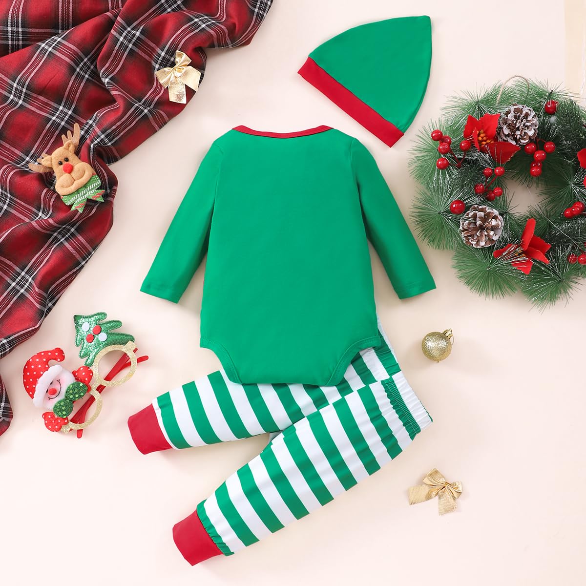 Newborn Baby 1st Christmas Outfit Elf Snowman Christmas Tree Romper 3pcs Set for Baby 0-24months