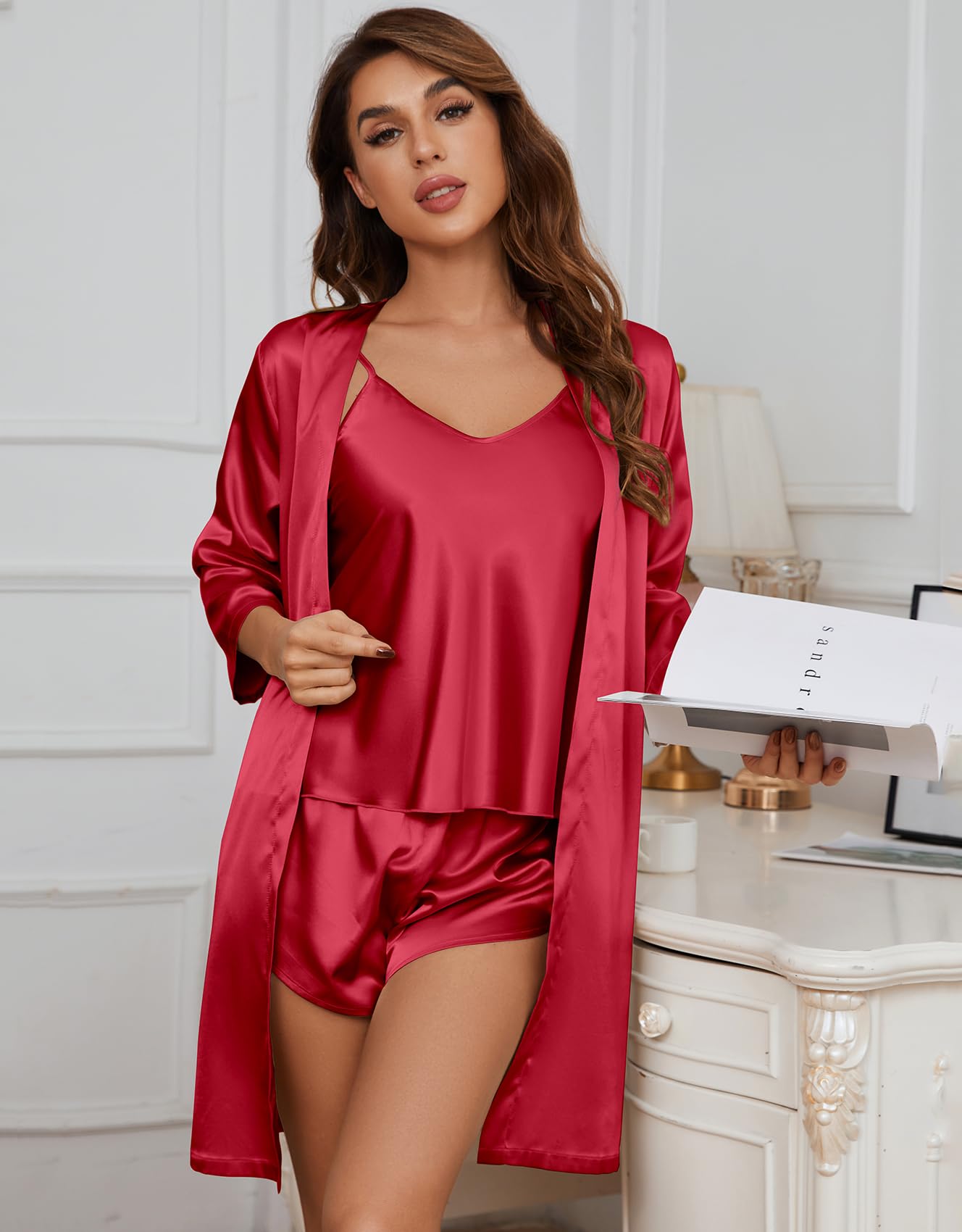 Silk Pajamas for Women 5Pcs Sleepwear Loungewear Satin Robe Cami Shorts Pj Set