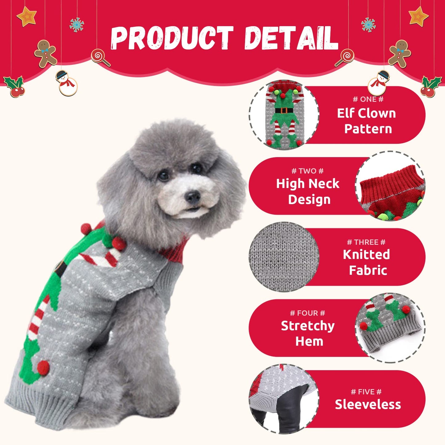 Dog Christmas Sweater Xmas Pet Clothes Cute Gray Reindeer Holiday Puppy Cat Costume New Year Gifts for Small Medium Large Dogs Jumpers (S, Gray Reindeer)