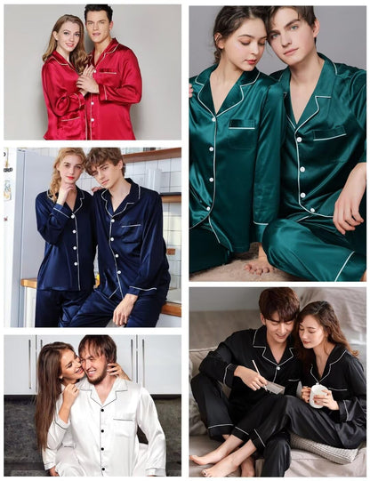 Couples Matching Pajamas Set Silk Satin Long Sleeve Sleepwear Soft Button Down Loungewear Pj Set