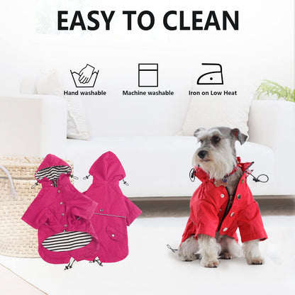 Dog Zip Up Dog Raincoat with Reflective, Rain/Water Resistant, Adjustable Drawstring, Removable Hood, Dog Raincoats with Legs 8lbs to 80lbs Available - Red - Small