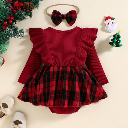 Infant Baby Girl Christmas Plaid Overall Dress Outfits Fall Winter Ruffle Romper Headband Sets