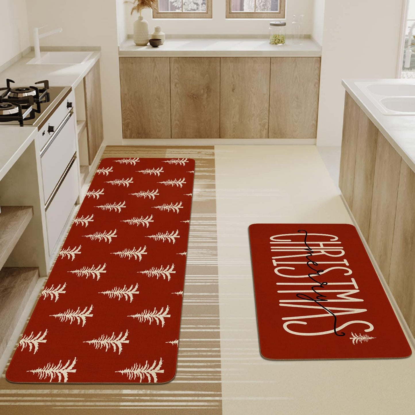 Christmas Kitchen Rugs and Mats Set of 2,Green Buffalo Plaid Merry Christmas Kitchen Mat,Xmas Winter Holiday Non Slip Low-Profile Sink Mat Decorations for Home Kitchen 17x47+17x30 Inches