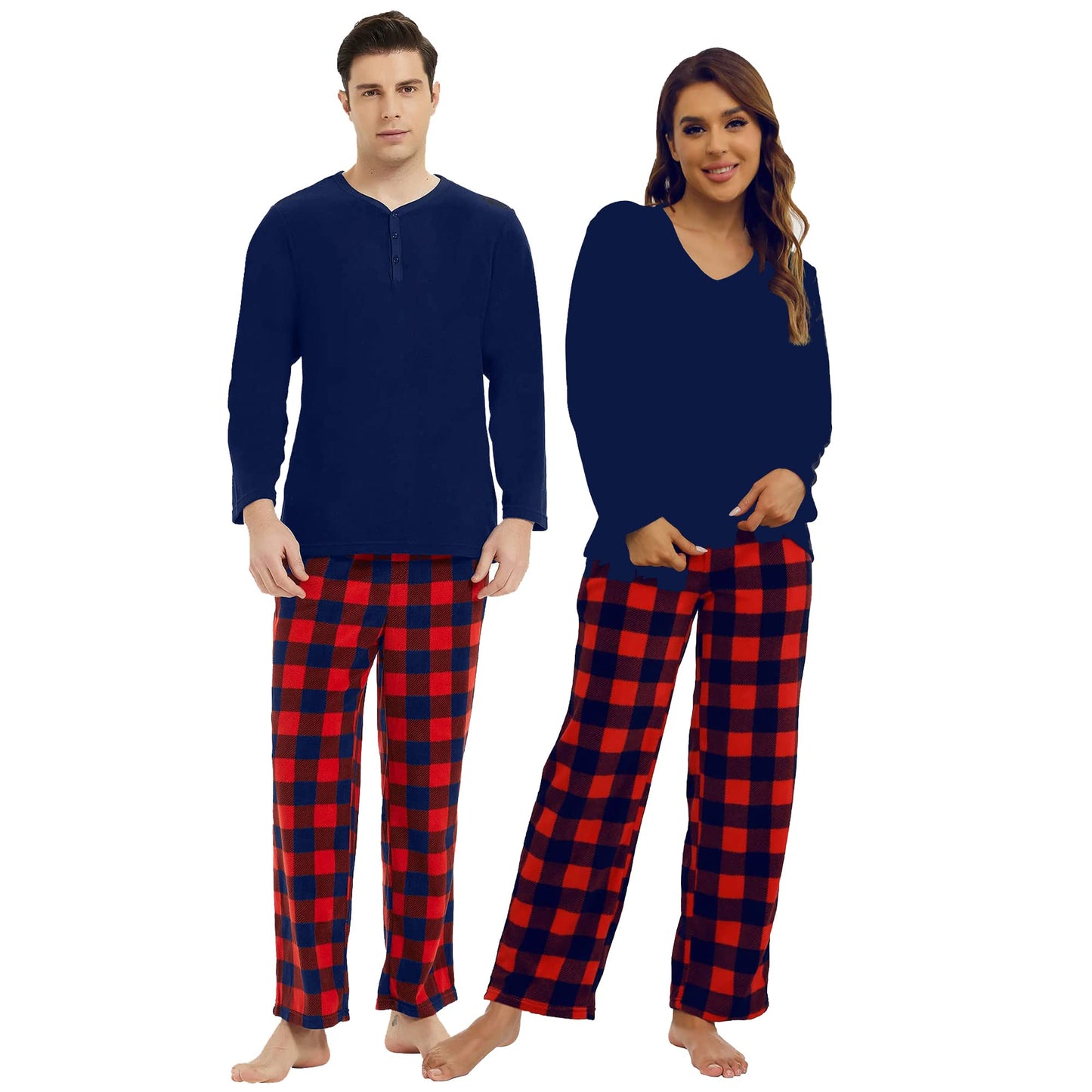 Couple Pajama Sets, Plaid Pajama Set for Men and Women Soft Warm Pjs Set