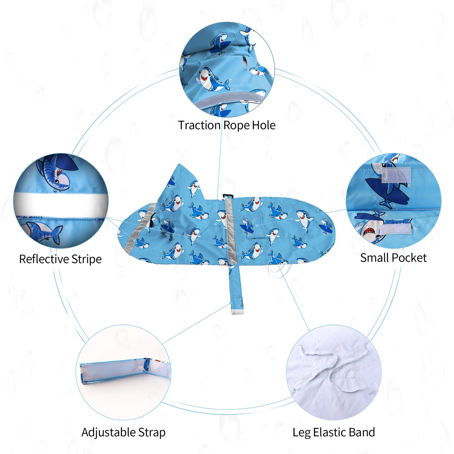 Dog Raincoat Adjustable - Pet Dinosaurs Water Proof Clothes Lightweight Rain Jacket Poncho Hoodies with Strip Reflective Blue