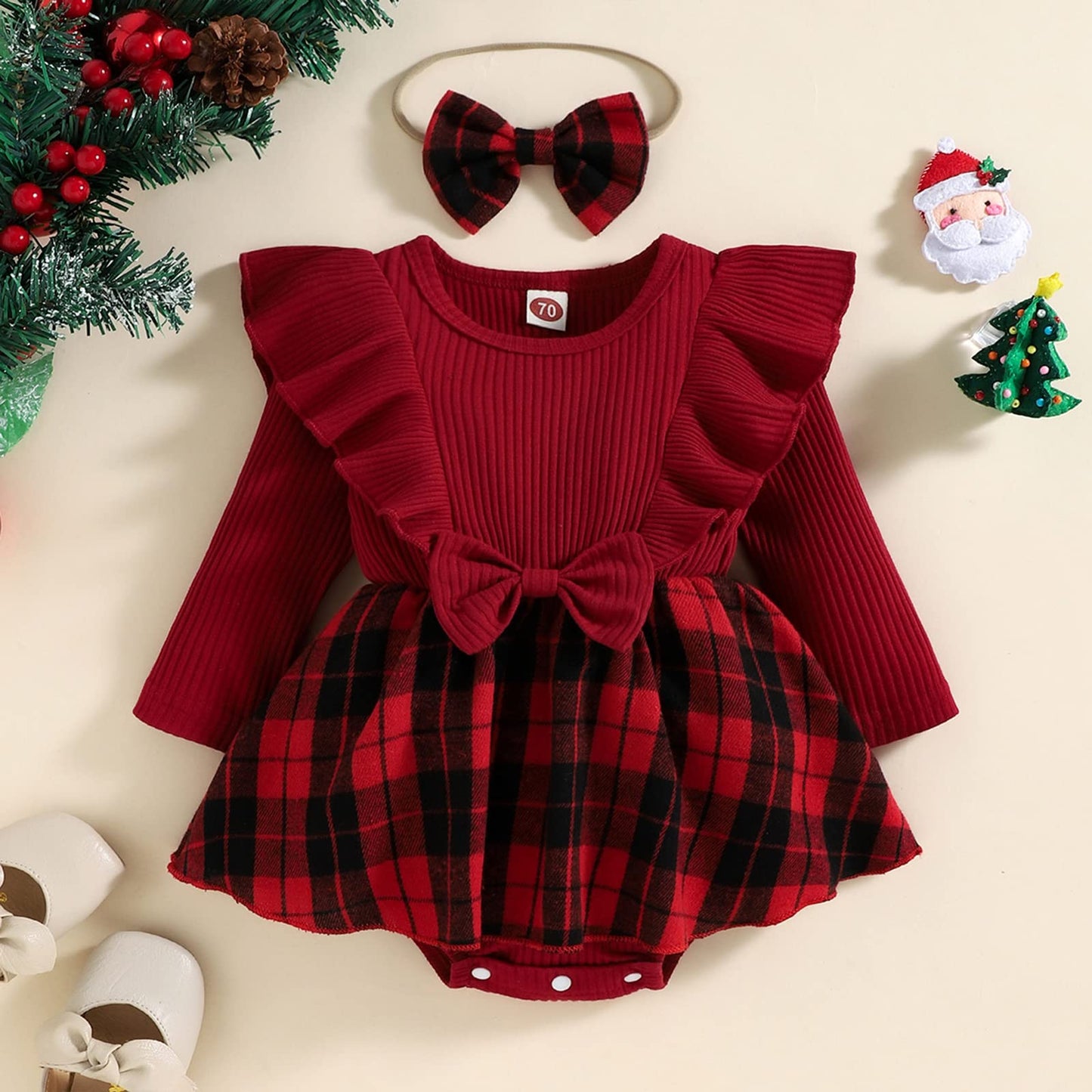 Infant Baby Girl Christmas Plaid Overall Dress Outfits Fall Winter Ruffle Romper Headband Sets