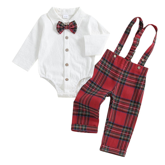 Newborn Baby Boy Gentleman Long Sleeve Bow Tie Romper Plaid Suspender Pants 2Pcs Christmas Clothes Set