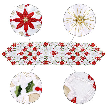 Our Warm Christmas Embroidered Table Runners Poinsettia Holly Leaf Table Linens for Christmas Decorations 15 x 70 Inch