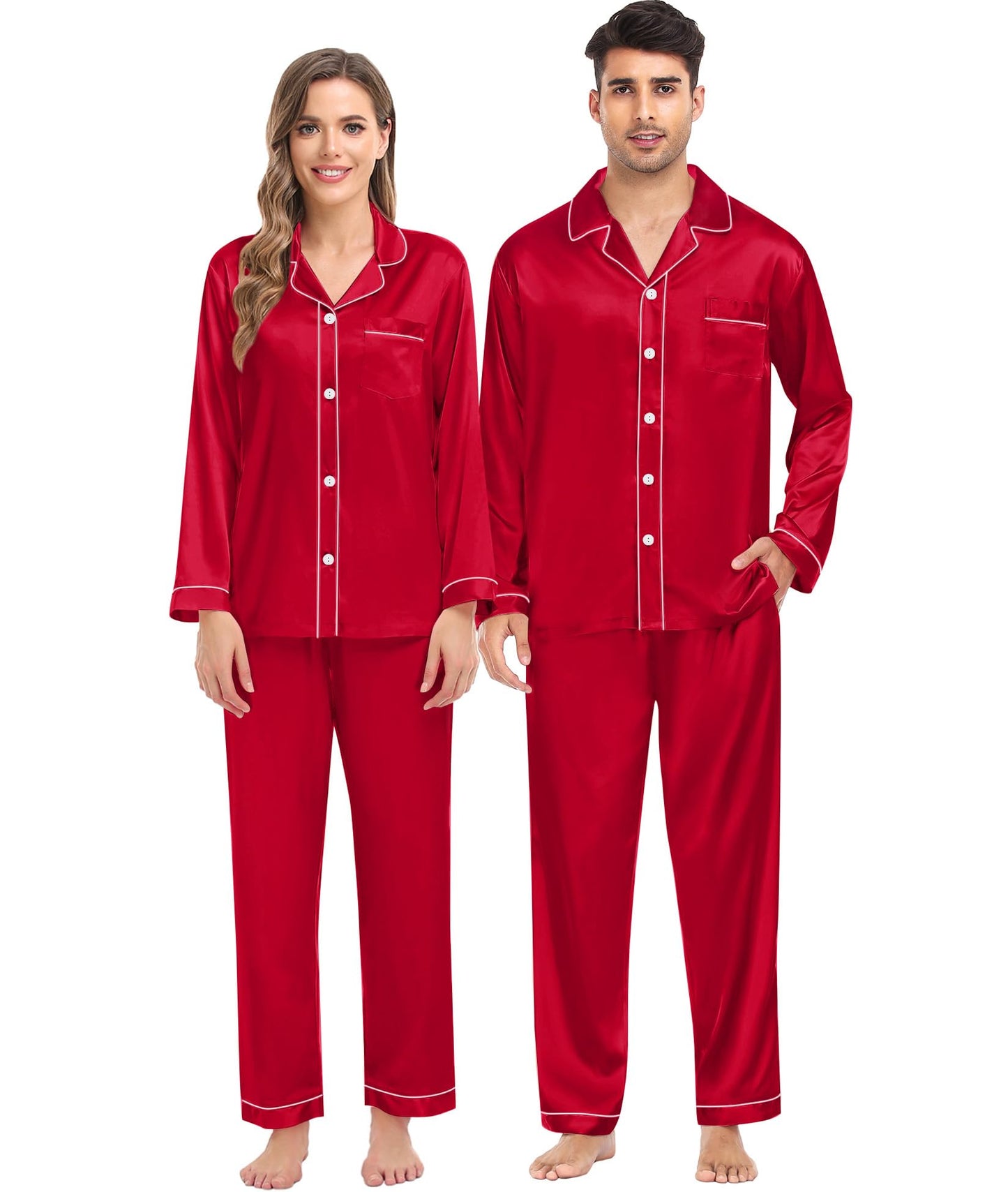 Women & Men Satin Pajamas Set Couple Matching Pajamas Long Sleeve Sleepwear Button Down Loungewear 2 Pcs Pj Set