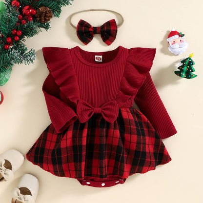 Infant Baby Girl Christmas Plaid Overall Dress Outfits Fall Winter Ruffle Romper Headband Sets