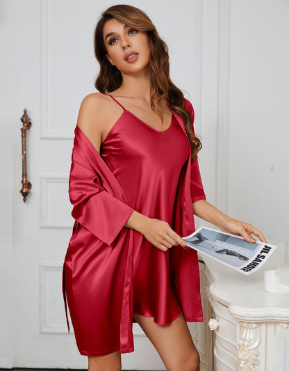 Silk Pajamas for Women 5Pcs Sleepwear Loungewear Satin Robe Cami Shorts Pj Set