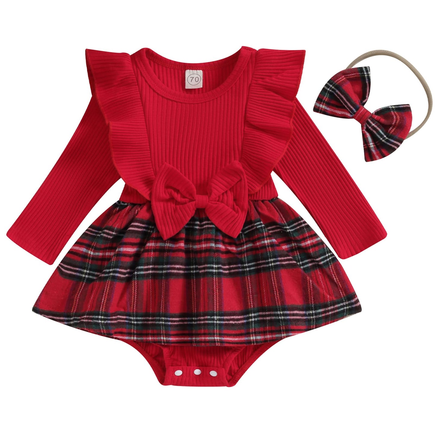 Infant Baby Girl Christmas Plaid Overall Dress Outfits Fall Winter Ruffle Romper Headband Sets