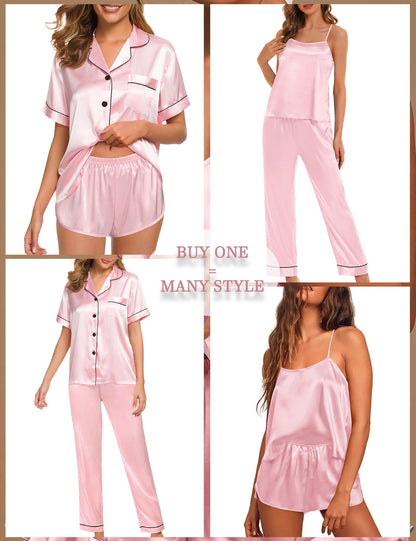 Womens 4pcs Pajamas Sets Silk Satin Pjs Silky Sexy Cami Shorts Set Button Down Short Sleeve Sleepwear Loungewear