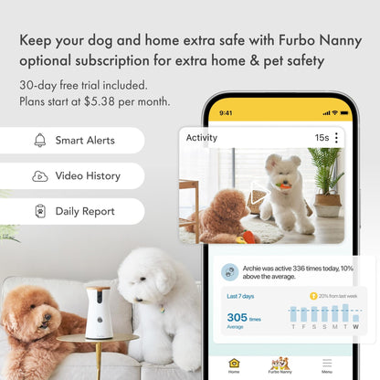 Furbo 360° Dog Camera + Nanny Bundle: Home Security & Dog Safety Alerts, Rotating Pet Treat Dispenser Camera with Speaker, Smart Home Indoor Cam w Phone App (Additional Subscription Required at Setup)