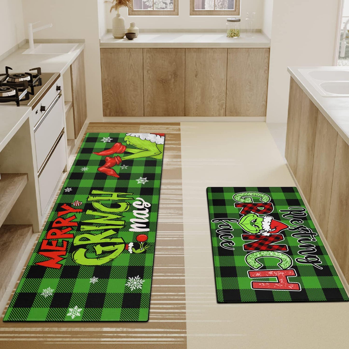 Christmas Kitchen Rugs and Mats Set of 2,Green Buffalo Plaid Merry Christmas Kitchen Mat,Xmas Winter Holiday Non Slip Low-Profile Sink Mat Decorations for Home Kitchen 17x47+17x30 Inches