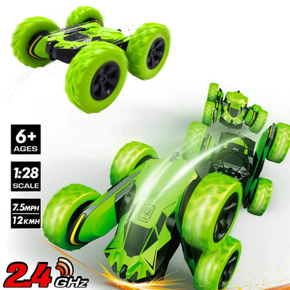 Threeking RC Stunt Cars Remote Control Car Double-Sided Driving 360-degree Flips Rotating Car Toy, Green