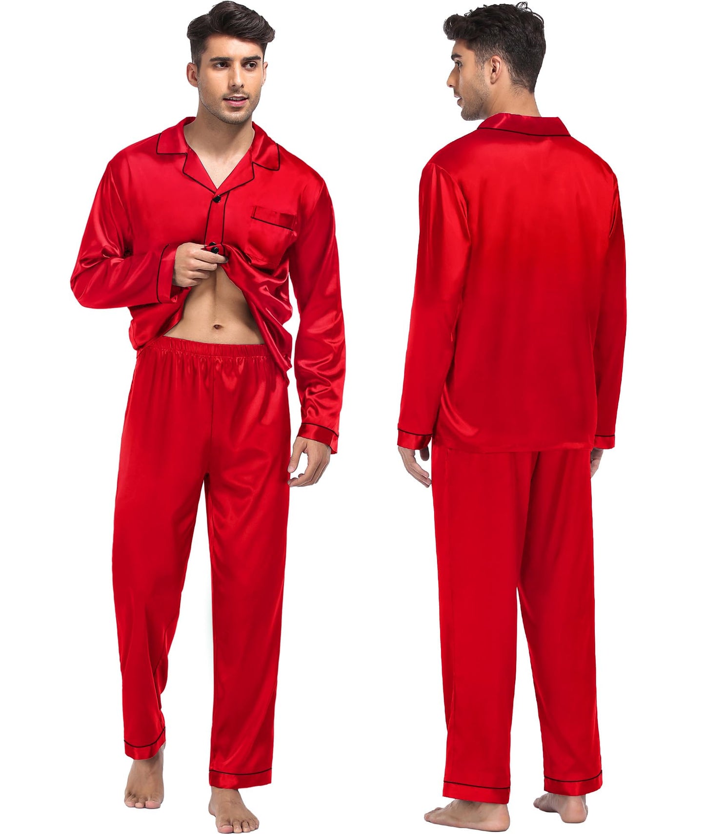 Women & Men Satin Pajamas Set Couple Matching Pajamas Long Sleeve Sleepwear Button Down Loungewear 2 Pcs Pj Set