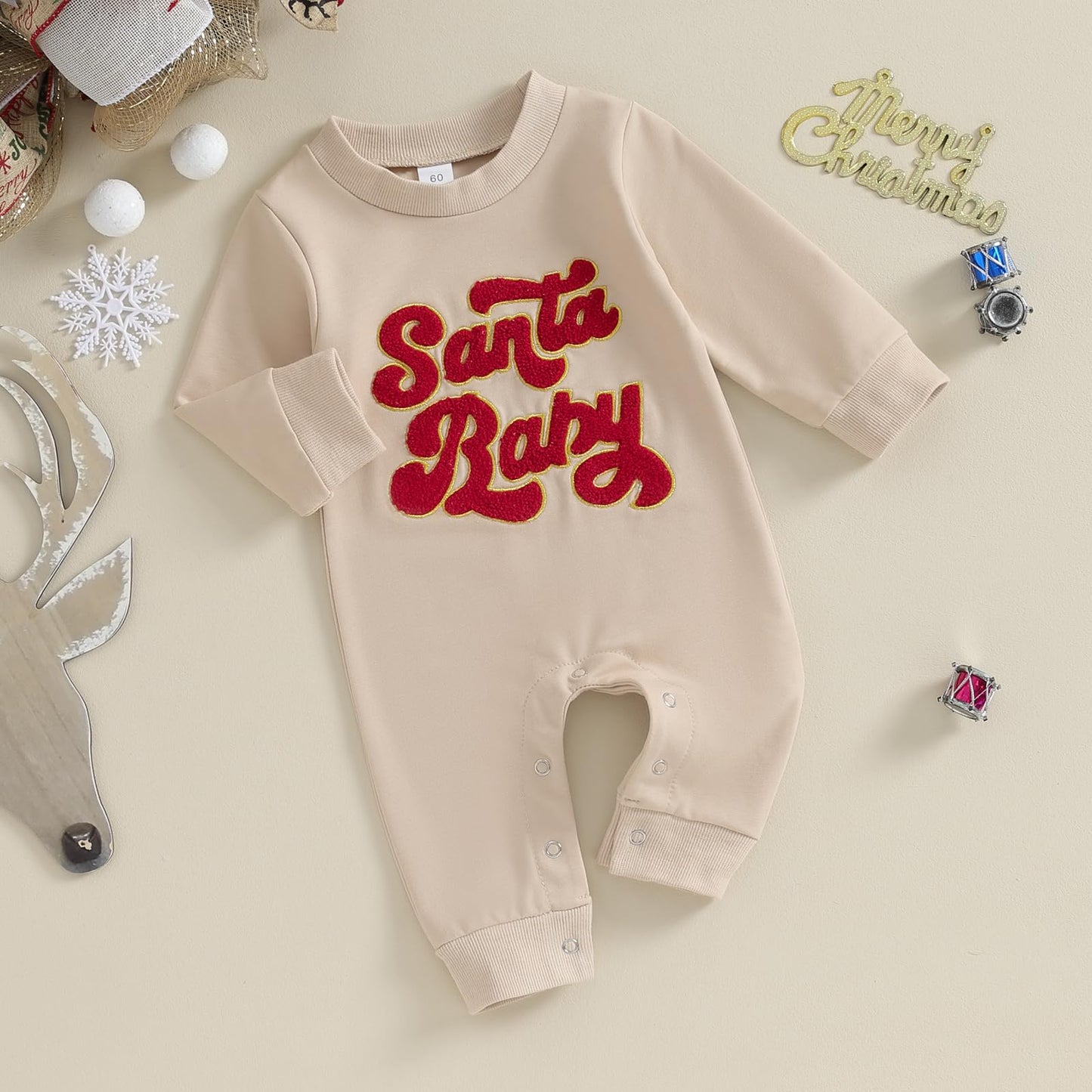 Lamuusaa Newborn Baby Girl Boy Christmas Outfit Santa Baby/Jolly Embroidery Romper One Piece Jumpsuit Fall Clothes 0-18M