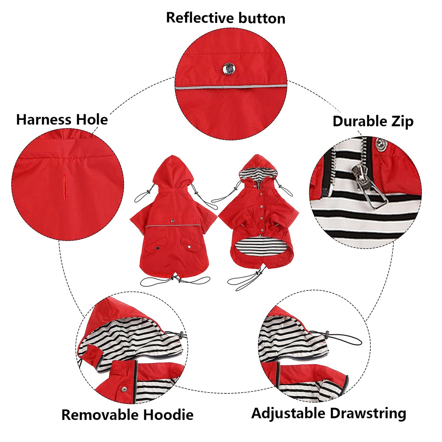 Dog Zip Up Dog Raincoat with Reflective, Rain/Water Resistant, Adjustable Drawstring, Removable Hood, Dog Raincoats with Legs 8lbs to 80lbs Available - Red - Small