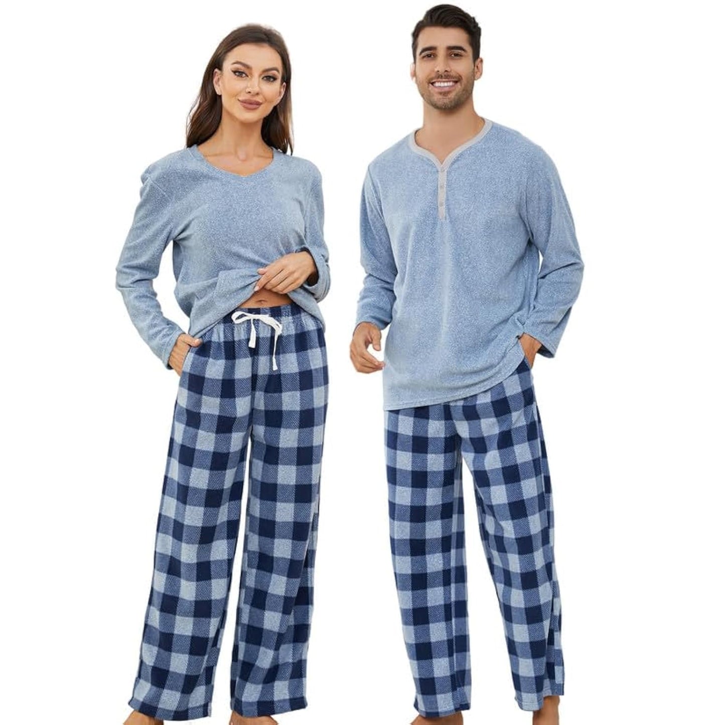 Couple Pajama Sets, Plaid Pajama Set for Men and Women Soft Warm Pjs Set