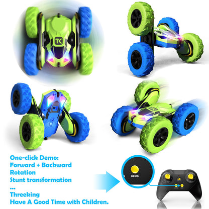 Threeking RC Stunt Cars Remote Control Car Double-Sided Driving 360-degree Flips Rotating Car Toy, Green