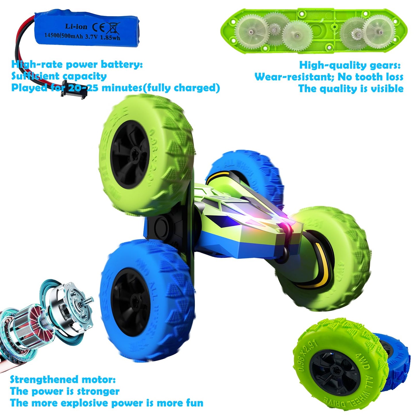 Threeking RC Stunt Cars Remote Control Car Double-Sided Driving 360-degree Flips Rotating Car Toy, Green