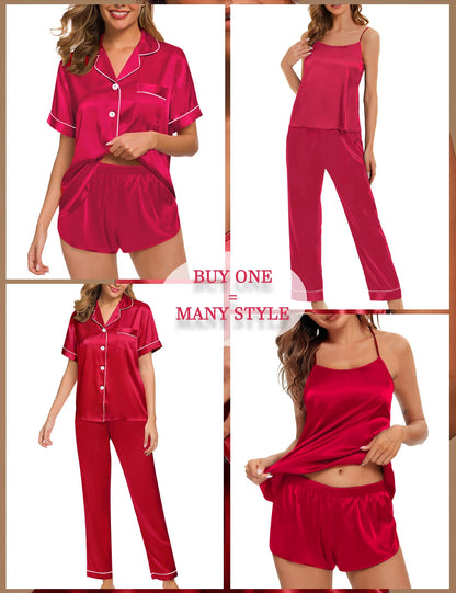 Womens 4pcs Pajamas Sets Silk Satin Pjs Silky Sexy Cami Shorts Set Button Down Short Sleeve Sleepwear Loungewear