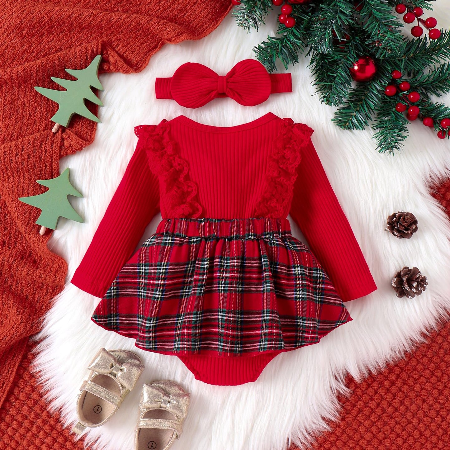 Infant Baby Girl Christmas Plaid Overall Dress Outfits Fall Winter Ruffle Romper Headband Sets