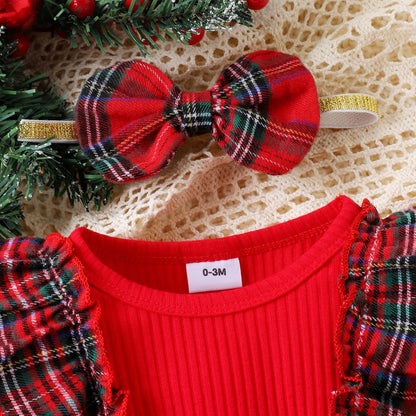 Infant Baby Girl Christmas Plaid Overall Dress Outfits Fall Winter Ruffle Romper Headband Sets