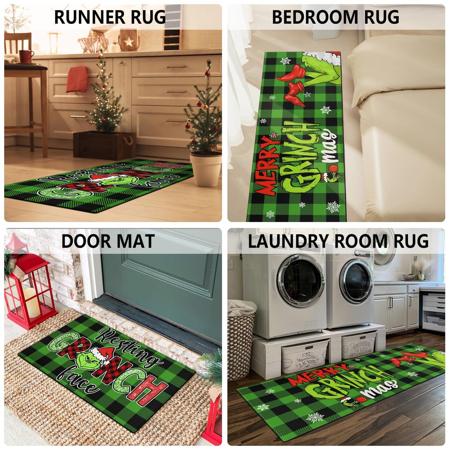 Christmas Kitchen Rugs and Mats Set of 2,Green Buffalo Plaid Merry Christmas Kitchen Mat,Xmas Winter Holiday Non Slip Low-Profile Sink Mat Decorations for Home Kitchen 17x47+17x30 Inches