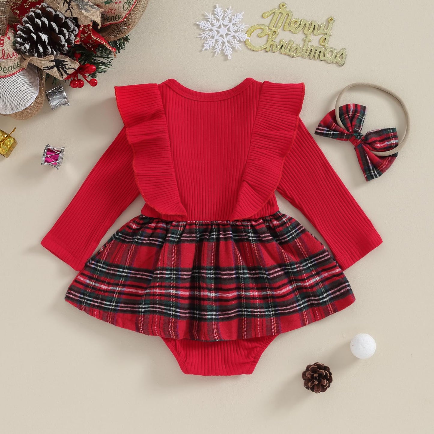 Infant Baby Girl Christmas Plaid Overall Dress Outfits Fall Winter Ruffle Romper Headband Sets