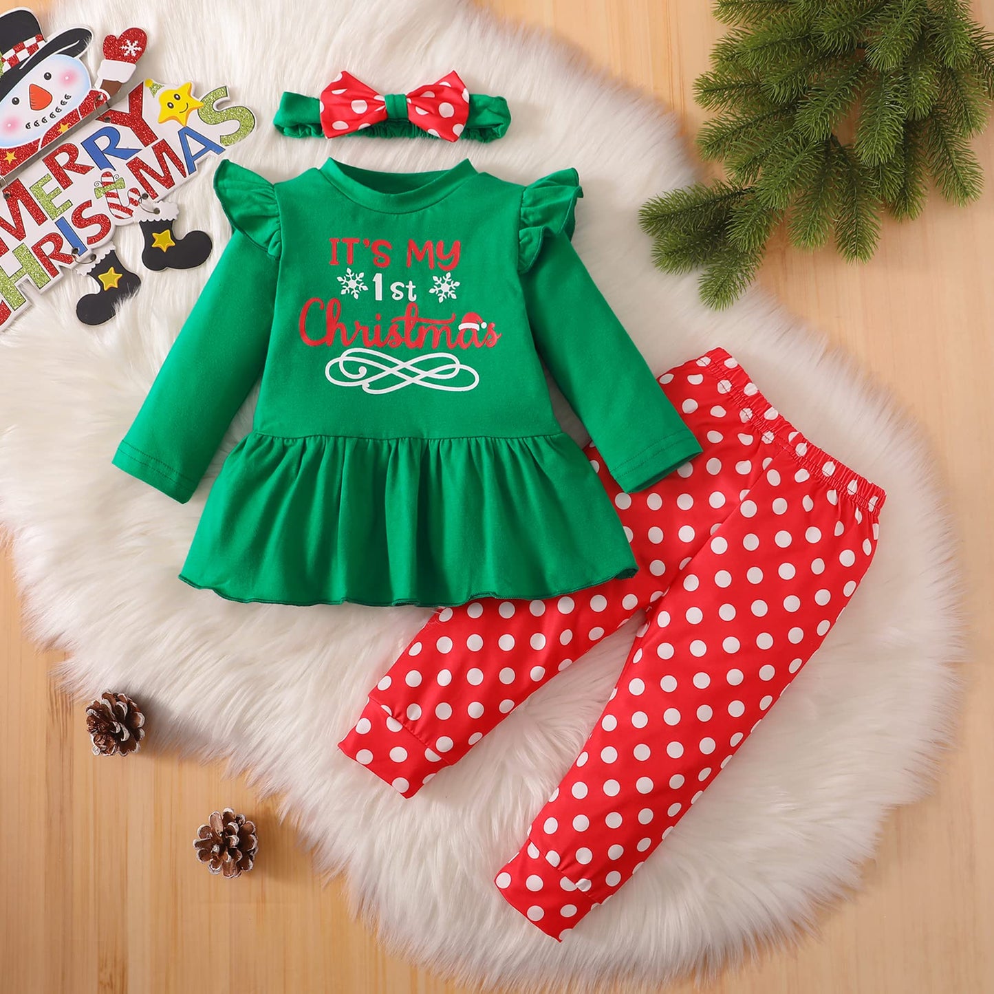 My 1st Christmas Baby Girl Outfits Ruffle Santa Tree Print Tunic Drees Shirt Plaid Stripe Pants Fall Clothes