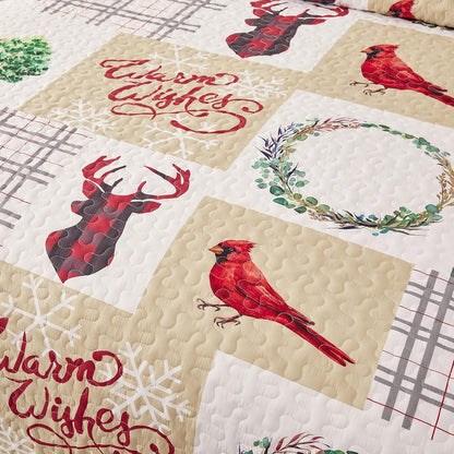 WONGS BEDDING Christmas Quilt Set King Rustic Christmas Tree Snowman Cardinal Holiday Wreath Pattern Bedding Solid Bedspread Coverlet with 2 Pillow Shams for All Season, Soft Microfiber Quilt 103"x90"