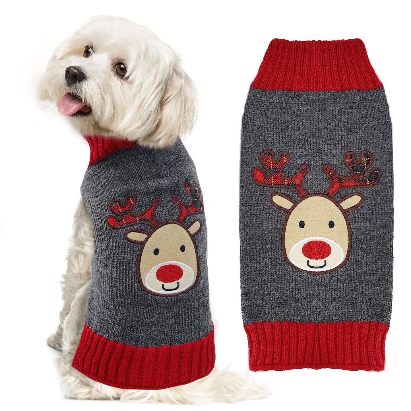 Dog Christmas Sweater Xmas Pet Clothes Cute Gray Reindeer Holiday Puppy Cat Costume New Year Gifts for Small Medium Large Dogs Jumpers (S, Gray Reindeer)