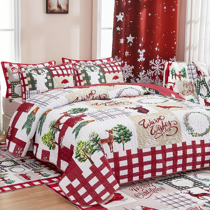 WONGS BEDDING Christmas Quilt Set King Rustic Christmas Tree Snowman Cardinal Holiday Wreath Pattern Bedding Solid Bedspread Coverlet with 2 Pillow Shams for All Season, Soft Microfiber Quilt 103"x90"