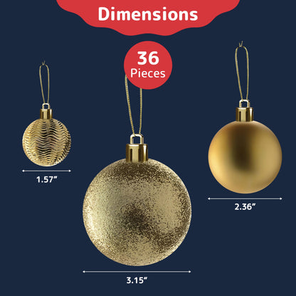 PREXTEX Christmas Ball Tree Ornaments - Gold Ornaments for Christmas Tree - Gold Christmas Ornaments for Holiday, Wreath and Party Decorations (36 pcs - Small, Medium, Large) Shatterproof