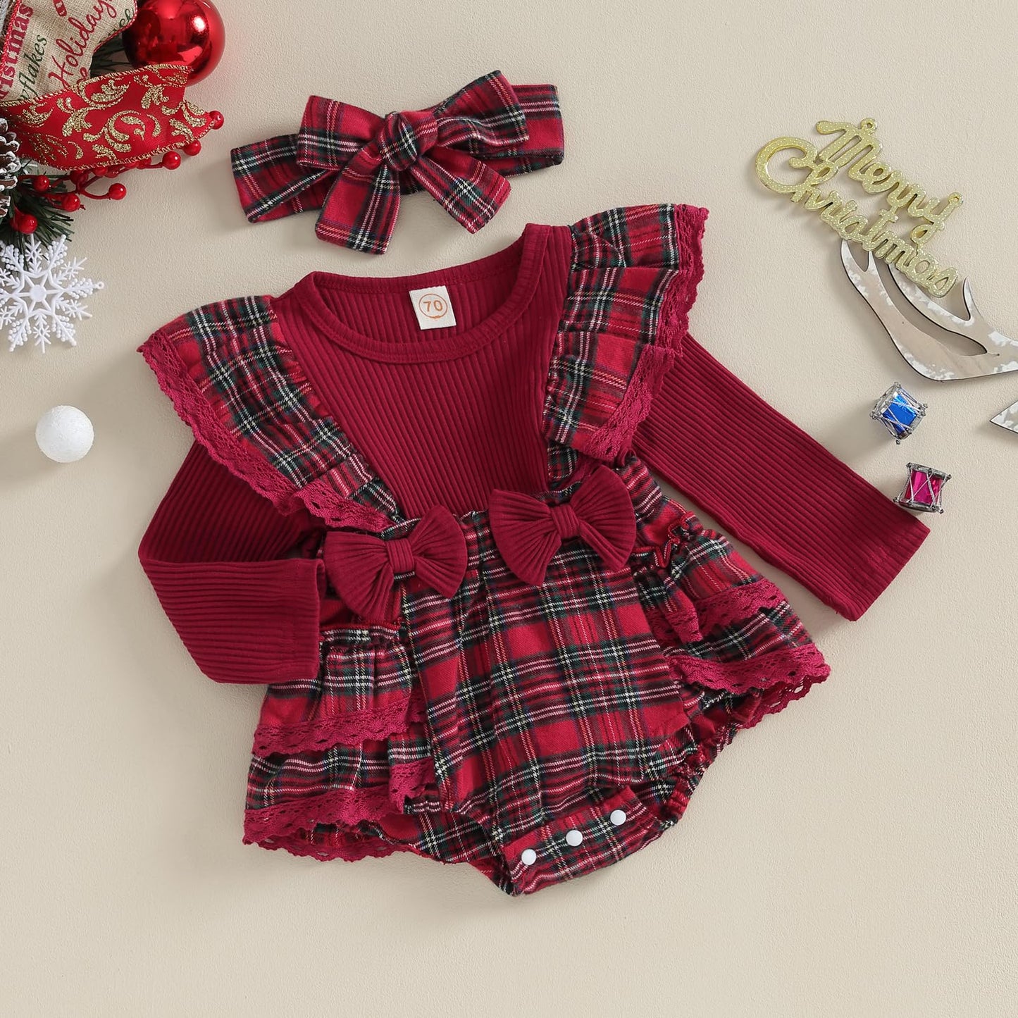 Infant Baby Girl Christmas Plaid Overall Dress Outfits Fall Winter Ruffle Romper Headband Sets