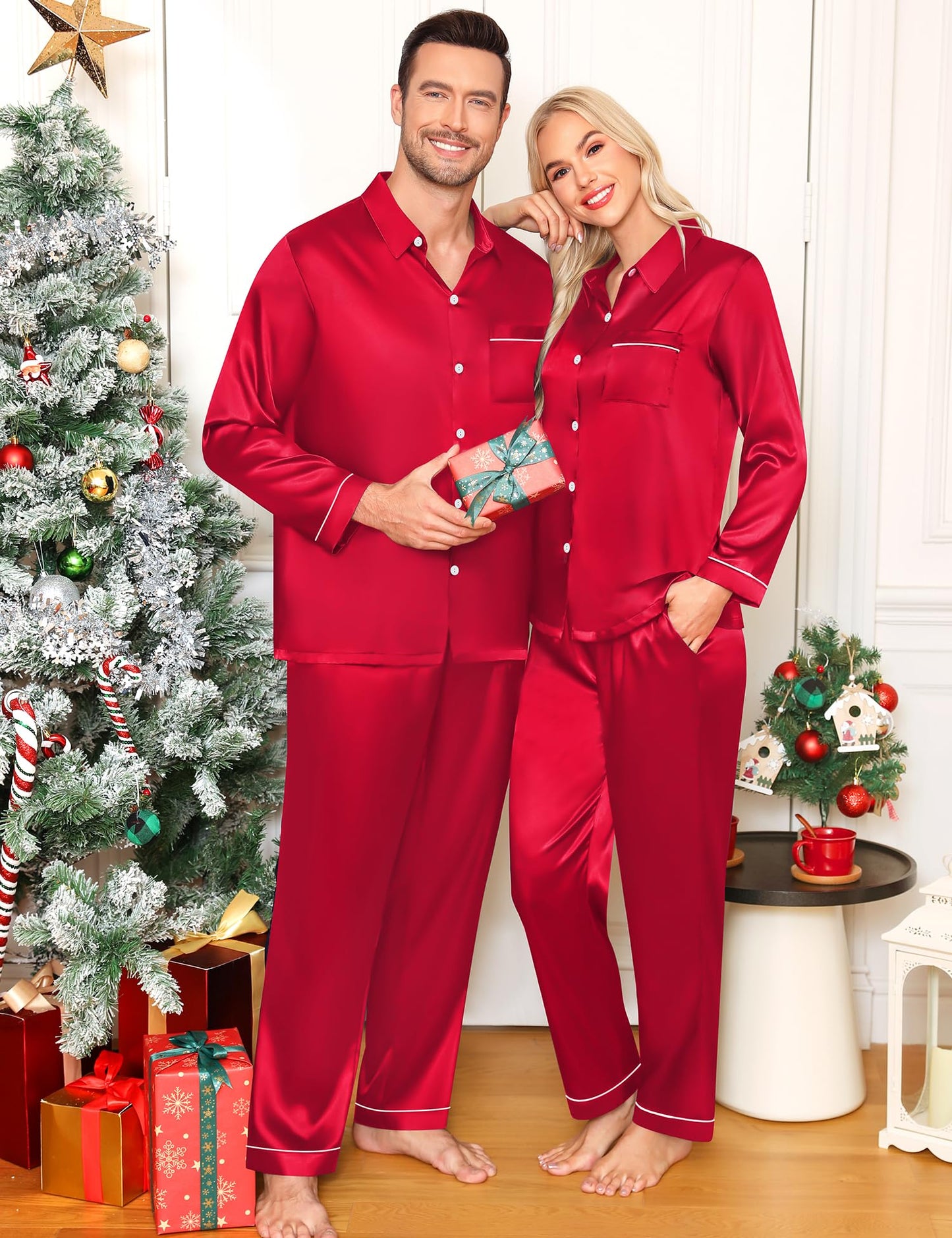 Women & Men Satin Pajamas Set Couple Matching Pajamas Long Sleeve Sleepwear Button Down Loungewear 2 Pcs Pj Set