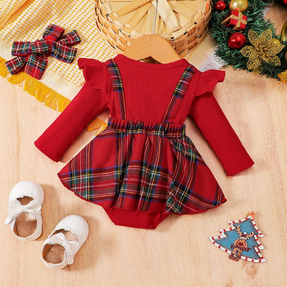 Infant Baby Girl Christmas Plaid Overall Dress Outfits Fall Winter Ruffle Romper Headband Sets