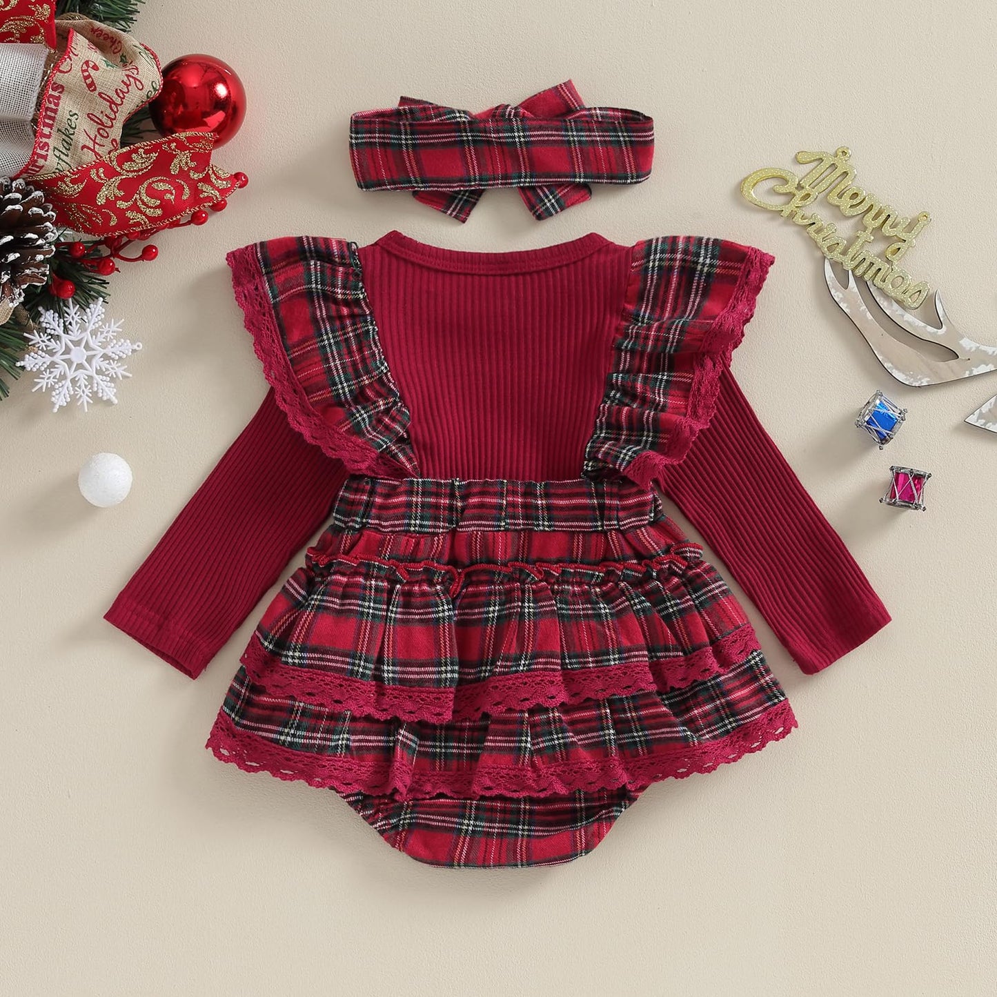 Infant Baby Girl Christmas Plaid Overall Dress Outfits Fall Winter Ruffle Romper Headband Sets