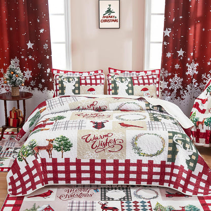 WONGS BEDDING Christmas Quilt Set King Rustic Christmas Tree Snowman Cardinal Holiday Wreath Pattern Bedding Solid Bedspread Coverlet with 2 Pillow Shams for All Season, Soft Microfiber Quilt 103"x90"