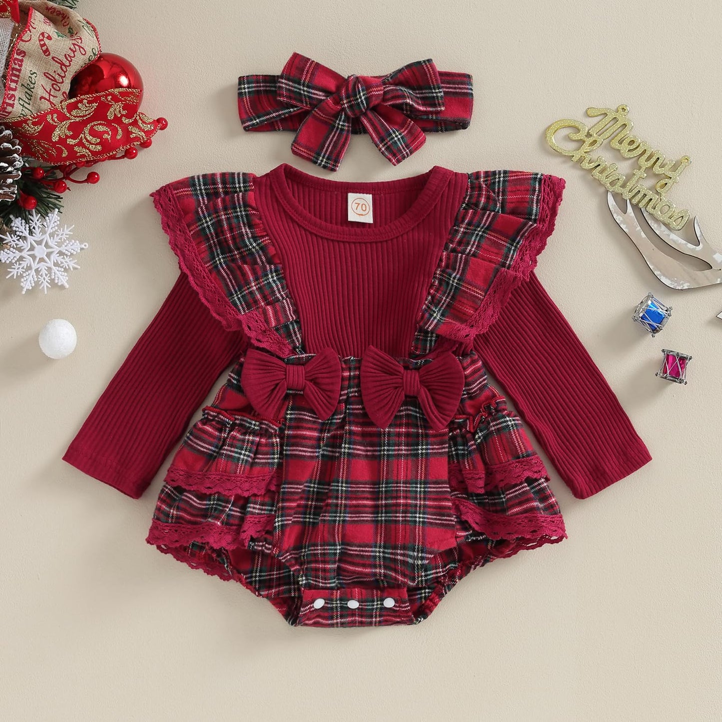 Infant Baby Girl Christmas Plaid Overall Dress Outfits Fall Winter Ruffle Romper Headband Sets