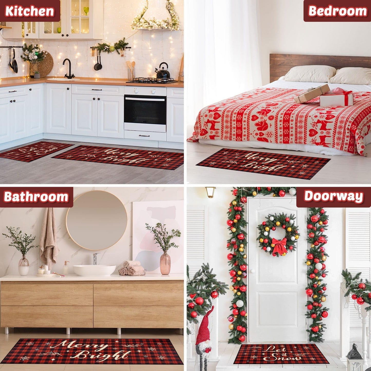 Christmas Kitchen Mat - 2 Piece Kitchen Mats Set Red Buffalo Plaid Indoor Floor Mats Non-Slip Kitchen Backing Area Rugs Xmas Door Carpet for Home Christmas Decor (17’’ x 47’’+17’’ x 30’’)