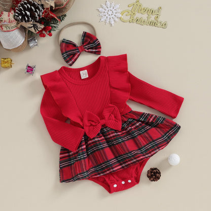 Infant Baby Girl Christmas Plaid Overall Dress Outfits Fall Winter Ruffle Romper Headband Sets