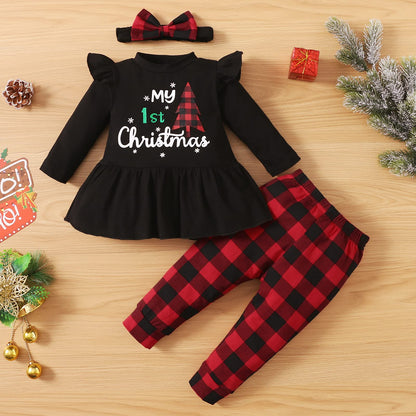 My 1st Christmas Baby Girl Outfits Ruffle Santa Tree Print Tunic Drees Shirt Plaid Stripe Pants Fall Clothes