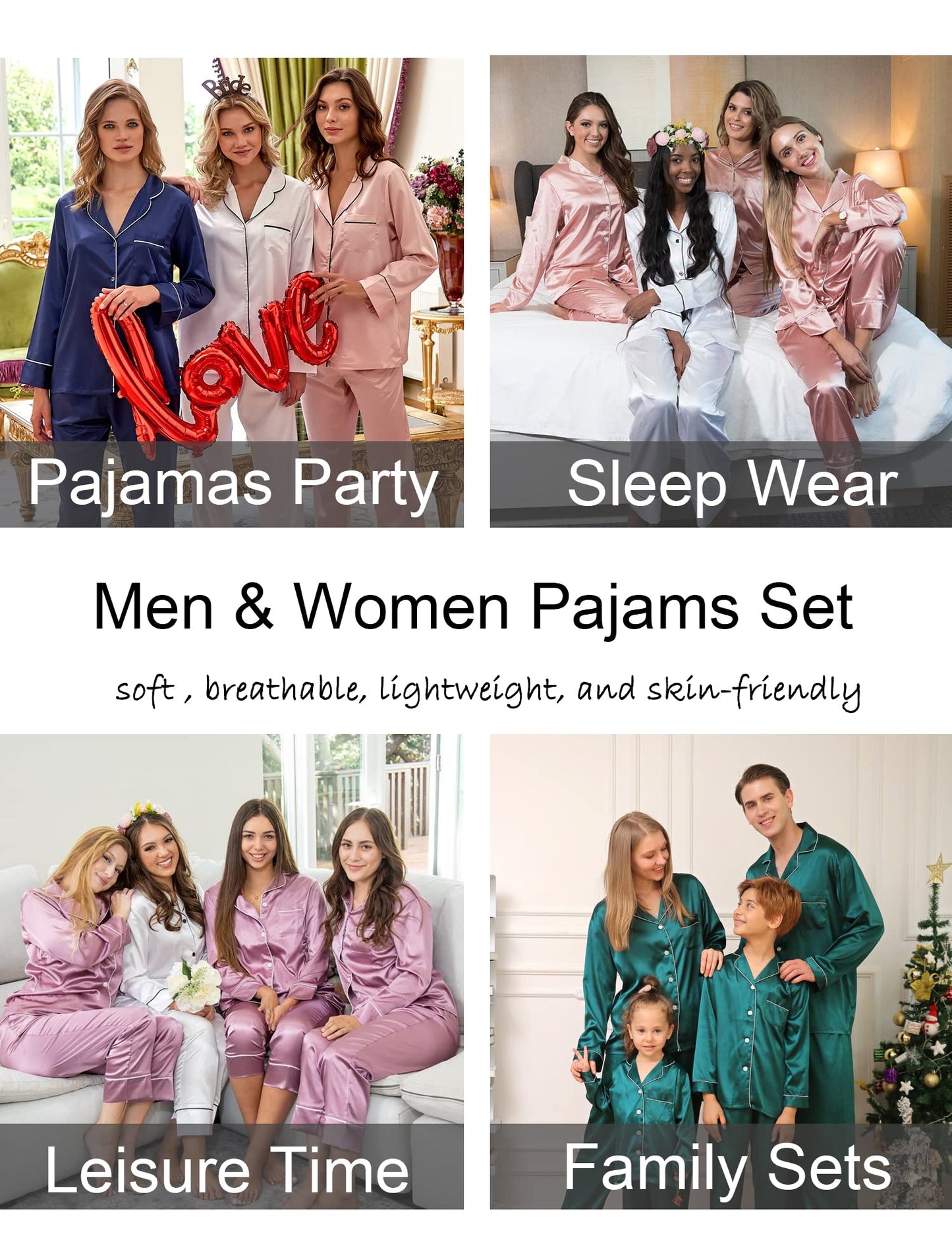 Couples Matching Pajamas Set Silk Satin Long Sleeve Sleepwear Soft Button Down Loungewear Pj Set