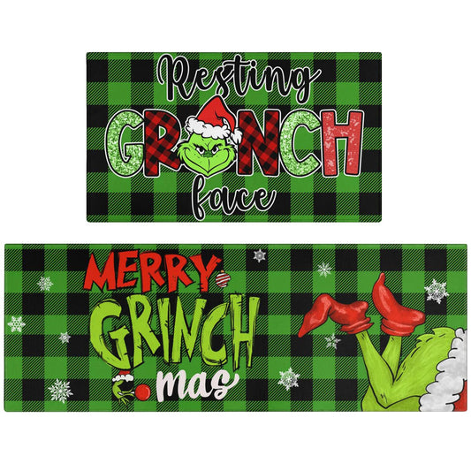 Christmas Kitchen Rugs and Mats Set of 2,Green Buffalo Plaid Merry Christmas Kitchen Mat,Xmas Winter Holiday Non Slip Low-Profile Sink Mat Decorations for Home Kitchen 17x47+17x30 Inches